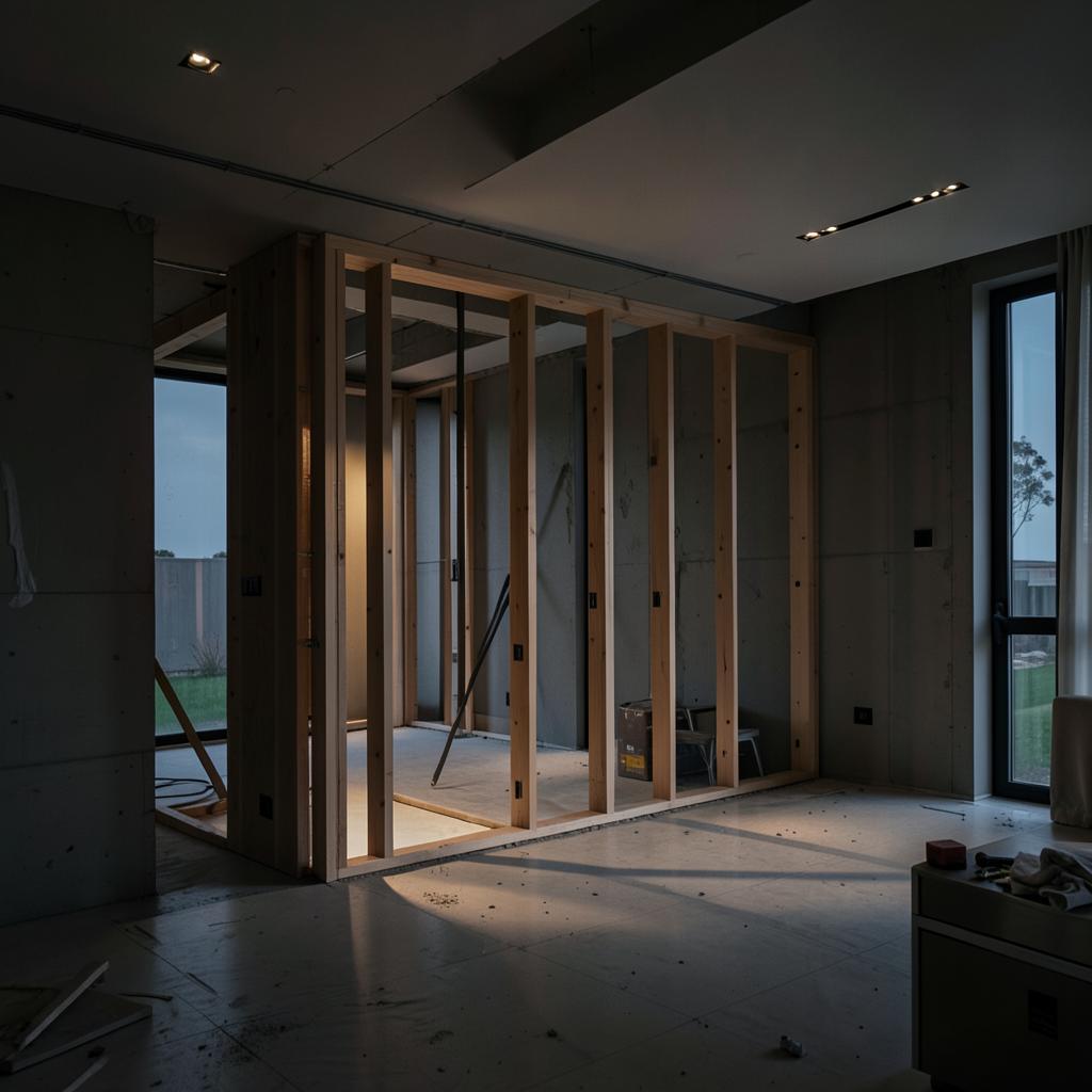 Residential interior under construction with wood framing