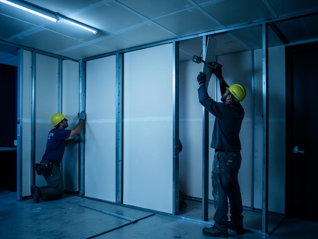Drywall installation crew hanging gypsum board on metal studs