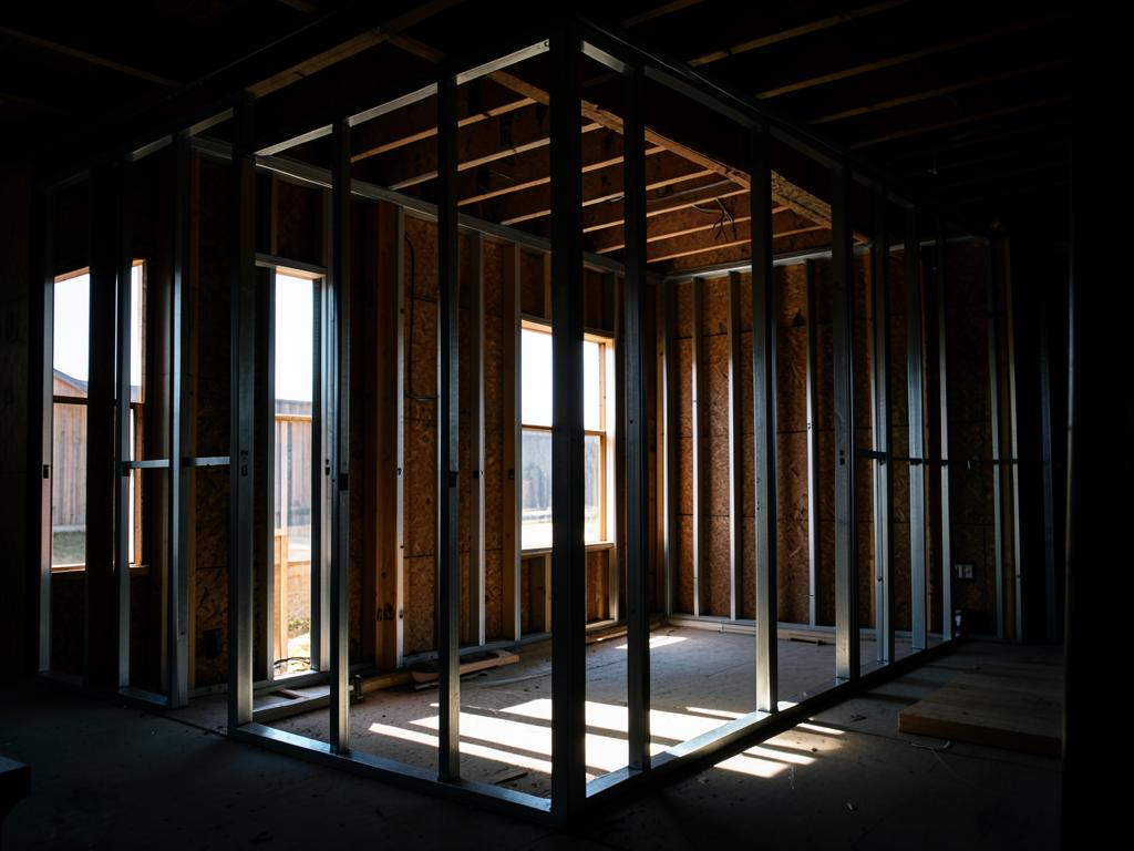 Wood and metal structural framing inside a new construction project